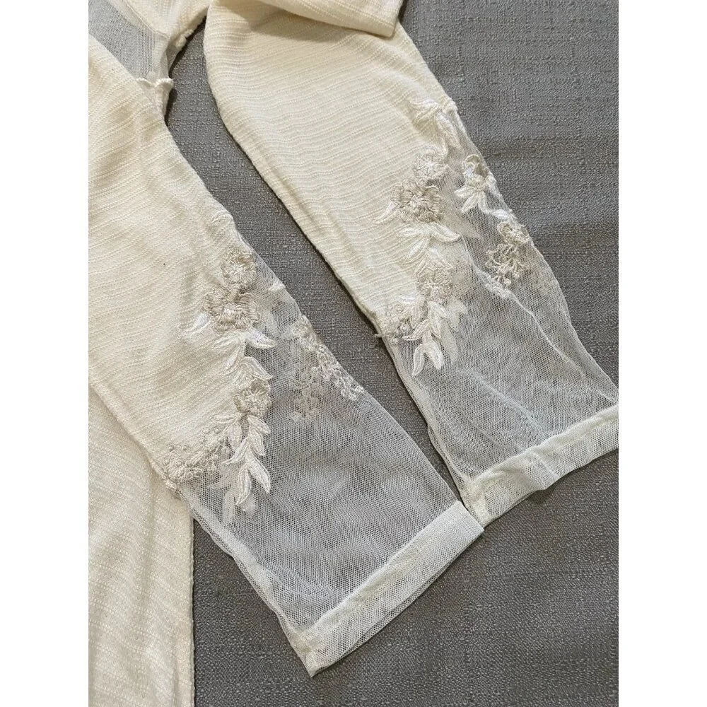Free People Women's Size Large Ivory Saheli Mesh Embroidered Mock Neck Tunic Top